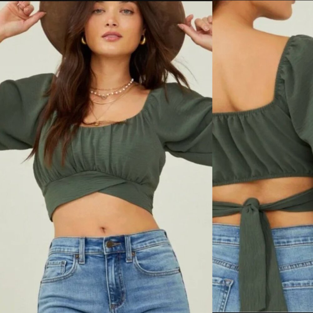 Altar'd State Milkmaid Crop Top Long Sleeve Tie Back